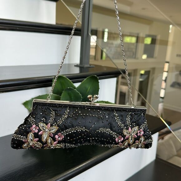 Vintage Embellished Evening Clutch Purse Beaded Floral Satin Bag Chain Strap - Picture 1 of 6